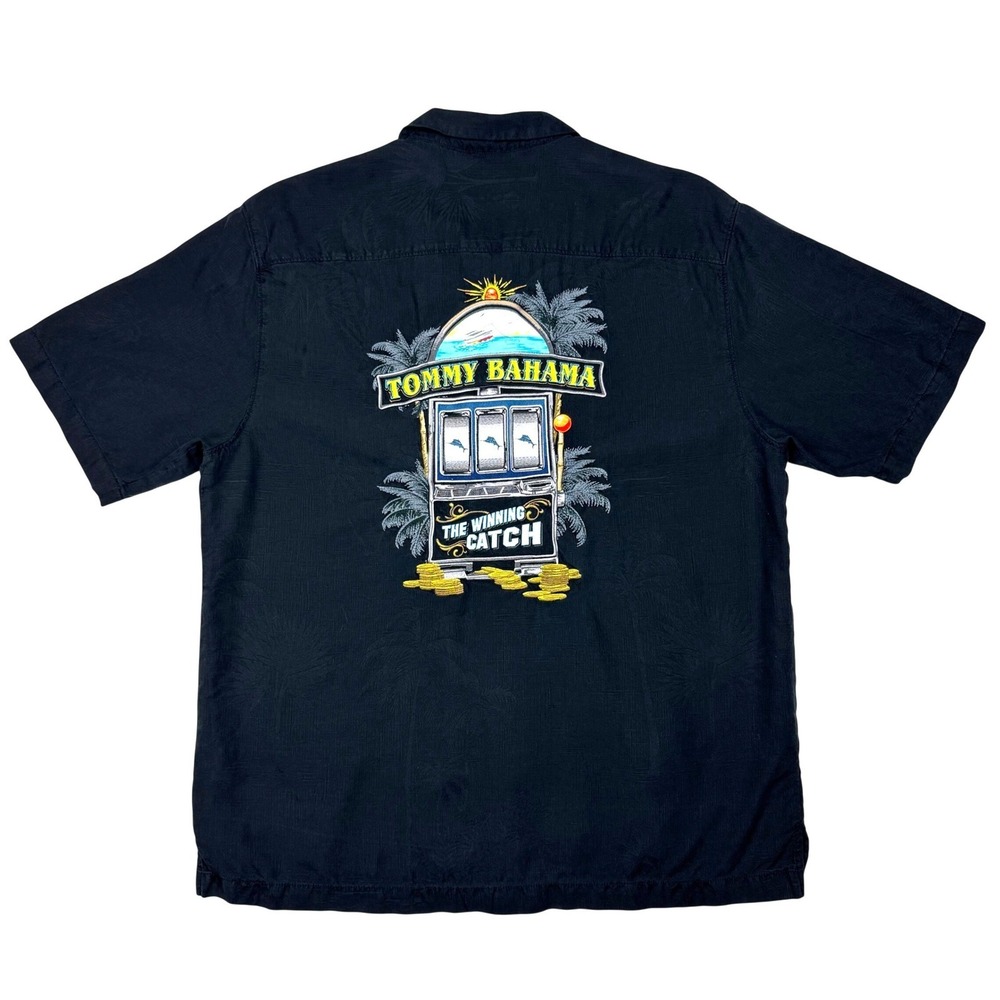 Tommy Bahama Silk Embroidered Winning Catch Camp Shirt Mens L Black Vegas Luxury